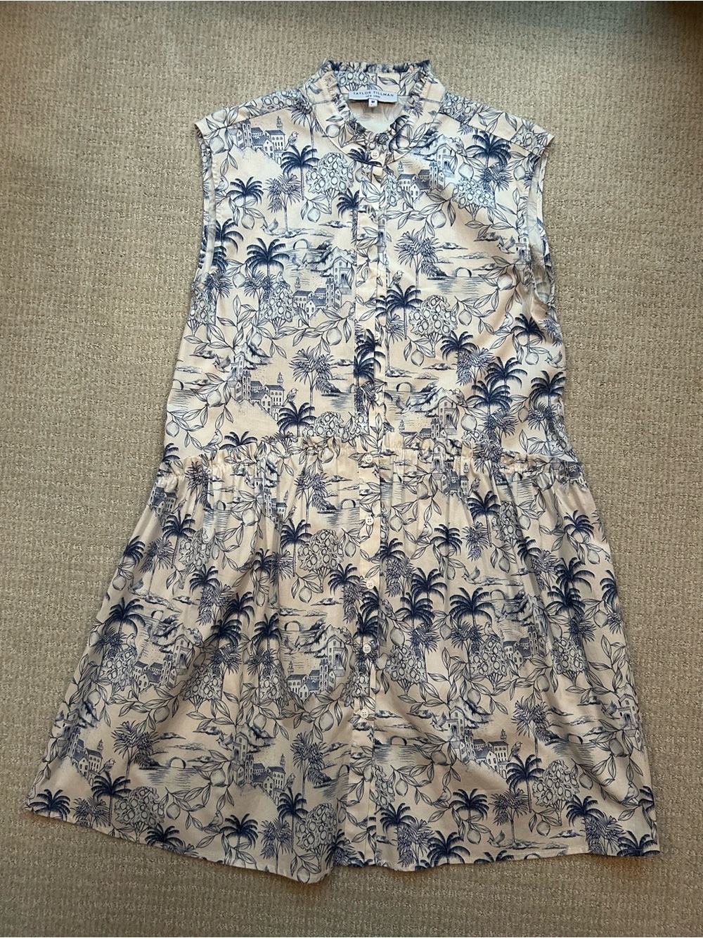 Taylor Tillman Sleeveless Button-Front Tropical Print Dress in Cream and Navy